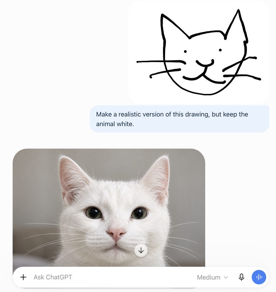 The Verge 实拍：手绘猫变成白猫，ChatGPT 输入框可见